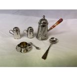 MINIATURE SHEFFIELD SILVER TEA CUP AND SAUCER WITH SPOON, SHEFFIELD SILVER PRESERVE SPOON,