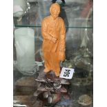 CARVED WOOD CHINA MAN FIGURE ON DARK WOOD BASE 16.