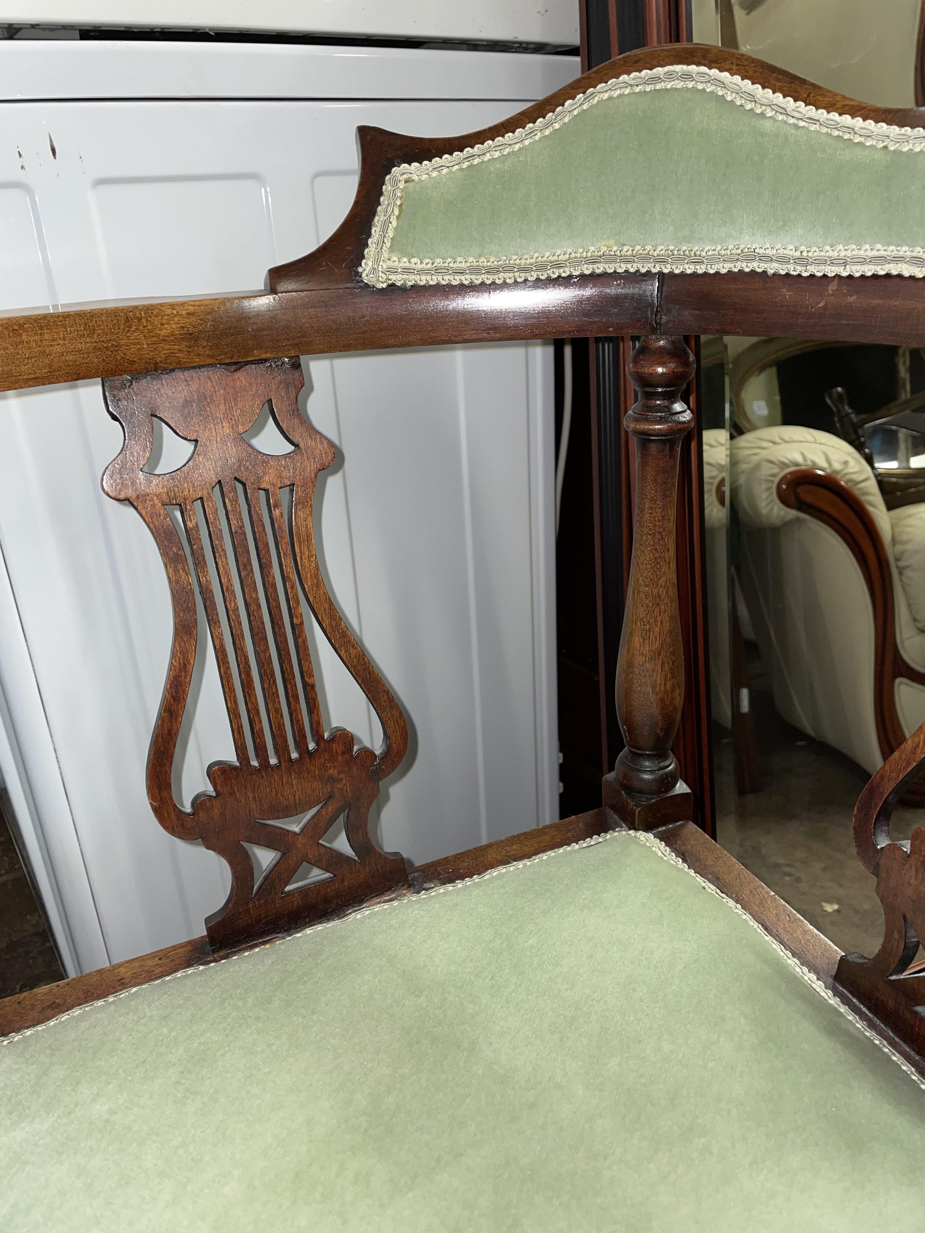 EDWARDIAN BEECH UPHOLSTERED LYRE BACKED CORNER ELBOW CHAIR - Image 3 of 6