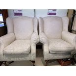 PAIR OF CREAM SILKY FLORAL BROCADE WING BACK ARMCHAIRS