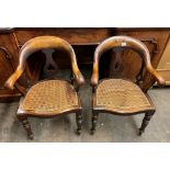 PAIR OF VICTORIAN PIERCED LYRE SHAPED BACKED HORSESHOE SCROLL ARMCHAIRS WITH BERGERE CANED SEATS