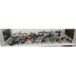 SHELF OF DIECAST MILITARY AIR CRAFT AND HELICOPTER MODELS INCLUDING BI PLANES