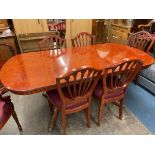 REPRODUCTION YEW CROSS BANDED TWIN PEDESTAL DINING TABLE WITH SIX HEPPLEWHITE SHIELD BACK DESIGN