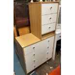 OAK EFFECT AND WHITE GLOSS FOUR DRAWER CHEST WITH MATCHING BEDSIDE THREE DRAWER CHEST