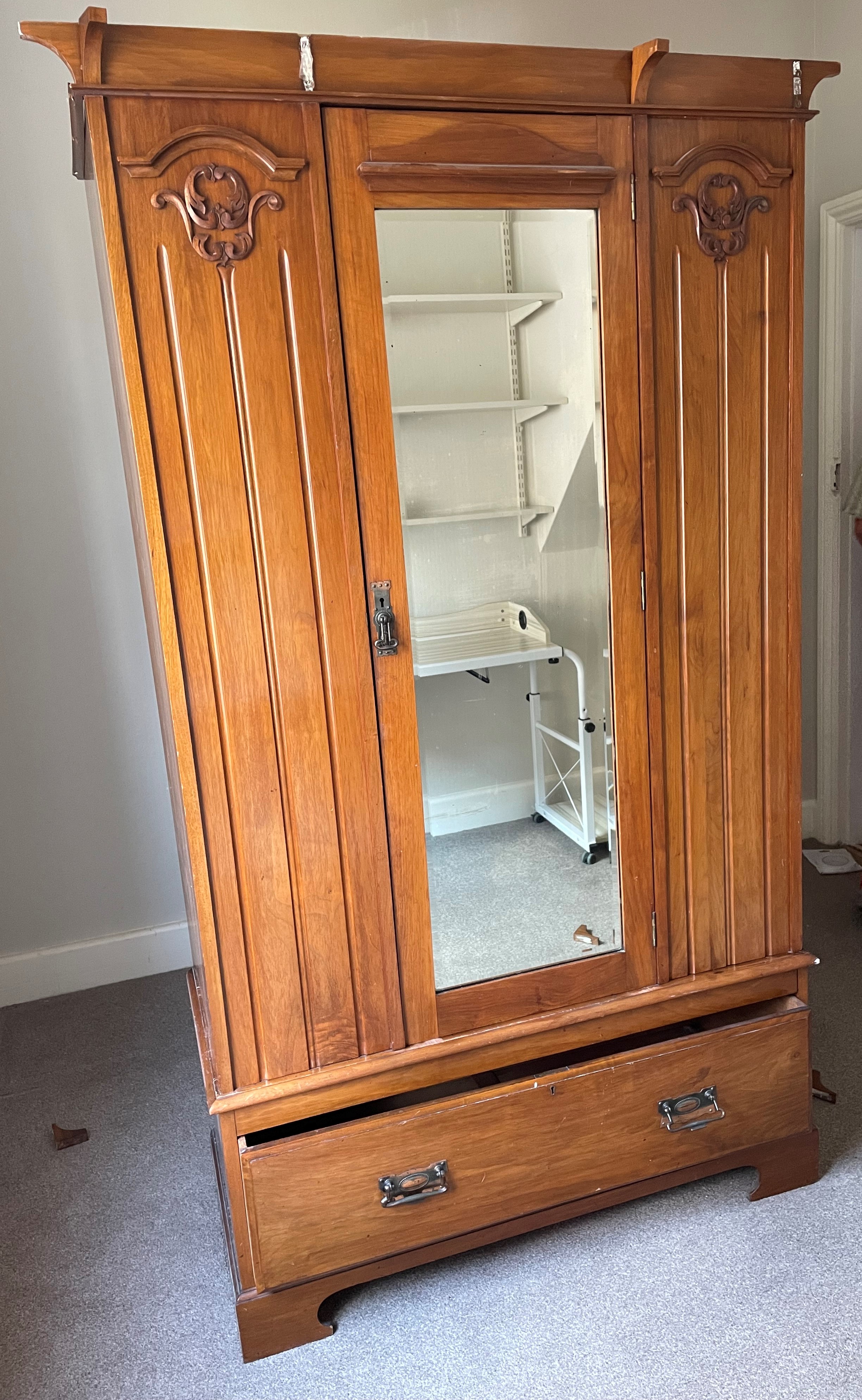 EDWARDIAN WALNUT MIRRORED DOOR WARDROBE WITH DRAWER BASE