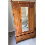 EDWARDIAN WALNUT MIRRORED DOOR WARDROBE WITH DRAWER BASE