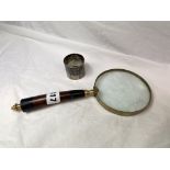 SILVER NAPKIN RING AND A BRASS OVERSIZED MAGNIFYING GLASS