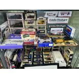 TWO SHELVES OF MAINLY BOXED DIECAST MODEL CARS, DELIVERY WAGONS, EDDIE STOBART TRUCKS,