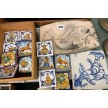 TRAY OF DELFT TILES AND STUDIO POTTERY SHALLOW DISH OF A FISH