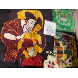 SELECTION OF WORKED TEXTILES INCLUDING EMBROIDERED WALL HANGING,