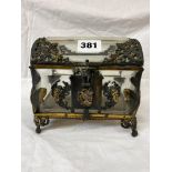 LATE 19TH CENTURY GLASS AND GILT METAL MOUNTED DOMED CASKET WITH VELVET LINED INTERIOR