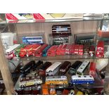 TWO SHELVES OF DIECAST MODEL BUSES AND COACHES INCLUDING CORGI,