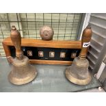 TWO BRASS SCHOOL BELLS AND A COUNTRY HOUSE SERVANTS CALLING BELL BOX