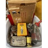 TUB OF VINTAGE MOTOR VEHICLE PARTS AND A HILLMAN IMP 1968-71 AUTOBOOK