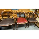 THREE VICTORIAN PIERCED LYRE SHAPED BACKED HORSESHOE SCROLL ARMCHAIRS WITH REXINE STUDDED SEATS