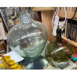LARGE GLASS TERRARIUM/LAMP BASE AND ONE GREEN GLASS BOTTLE 46CM AND 32CM H