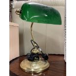 GREEN GLASS SHADED & BRASS BANKERS STYLE LAMP