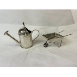 SILVER NOVELTY MINIATURE WHEEL BARROW 0.6OZ AND LONDON SILVER MINIATURE WATERING CAN 1.