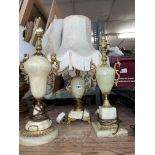 GREEN ONYX AND GILT METAL TABLE LAMP GARNITURE