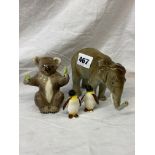 BESWICK SEATED KOALA, TWO PENGUINS ONE FOOT AS FOUND,