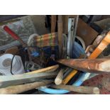 ROPE HANDLED BUCKET OF MIXED TOOLS - SAWS, SPIRIT LEVELS, HAMMERS,
