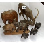 SELECTION OF CARVED WOODEN AFRICAN ANIMAL FIGURES INCLUDING ELEPHANTS AND GAZELLES