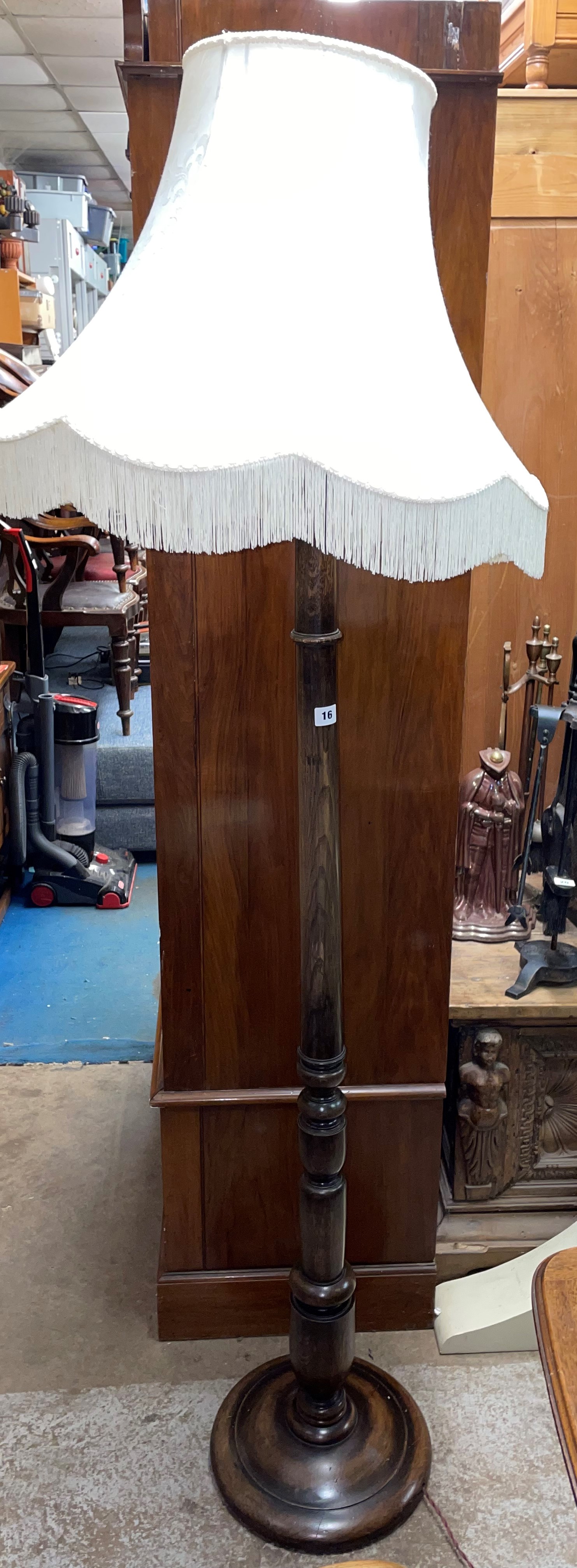 BEECH TURNED COLUMN STANDARD LAMP WITH CREAM FRINGED SHADE