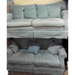 SUPERB QUALITY MINT GREEN FABRIC TWO TWO SEATER SOFAS WITH SCATTER CUSHIONS