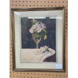 SIGNED WATERCOLOUR TITLED "FLOWERS IN WINE GLASS, 1928" BY H.E.