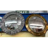 ARTS AND CRAFTS BEATEN PEWTER CIRCULAR MIRROR AND A CONVEX SHIP STYLE MIRROR 41CM AND 39CM D