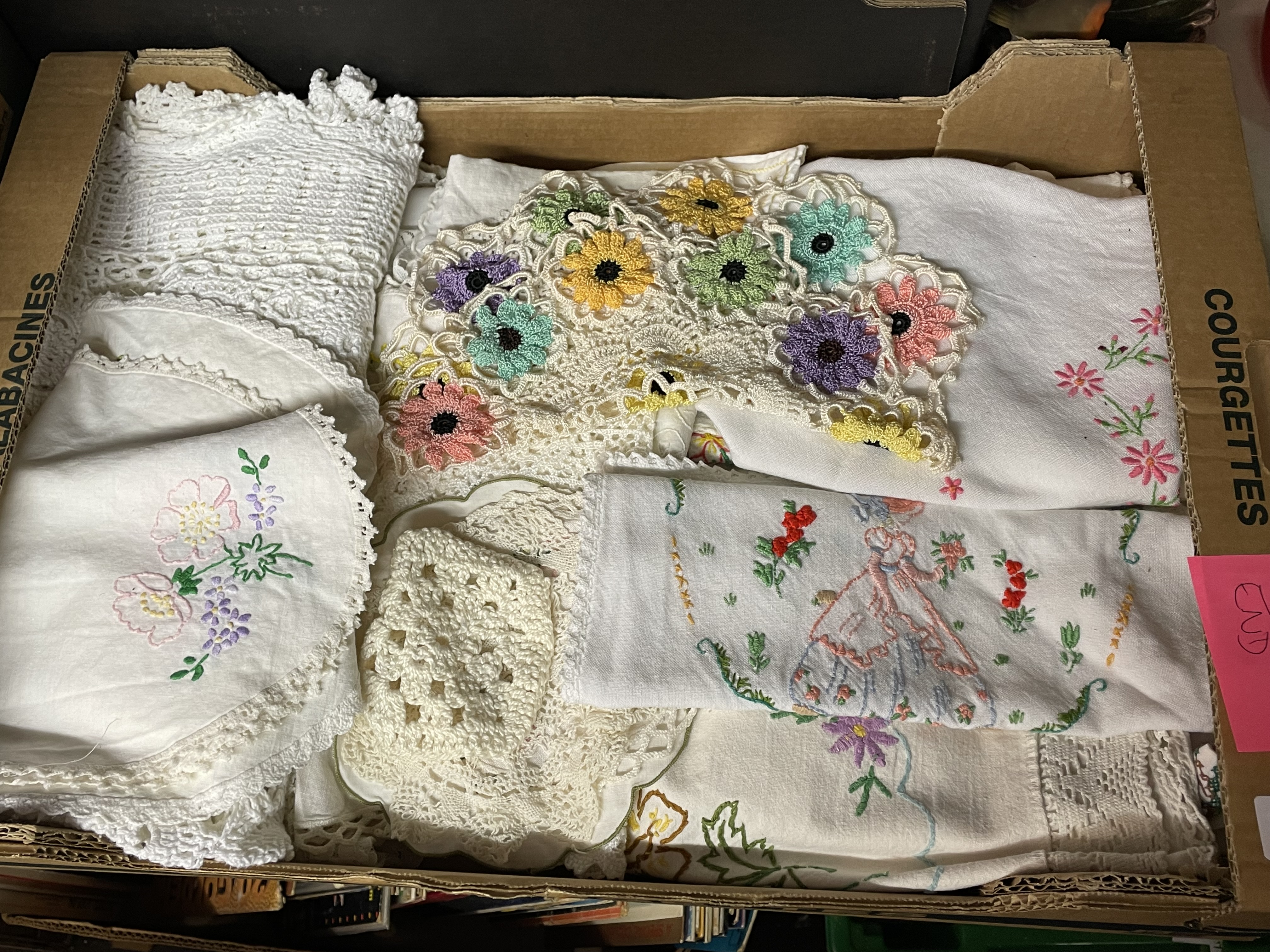 CARTON OF EMBROIDERED LACE AND TABLE LINENS