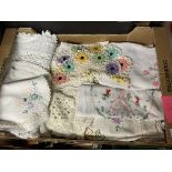 CARTON OF EMBROIDERED LACE AND TABLE LINENS