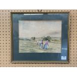 SIGNED WATERCOLOUR TITLED "FARM LABOURERS, WARWICKSHIRE, 1908" BY H.E.