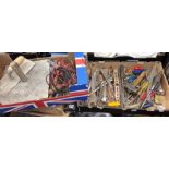 TWO CARTONS CONTAINING WRENCHES, SCREWDRIVERS, STANLEY TAPE MEASURES, PLASTERING TOOLS,