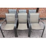 SET OF SIX POLYTETRALENE STACKING PATIO CHAIRS THREE BROWN TONE AND THREE GREY TONE