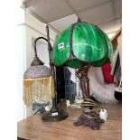FEMALE FIGURAL TABLE LAMP WITH FAUX MALACHITE DOME SHADE AND ONE OTHER (AS FOUND) BOTH 54CM H
