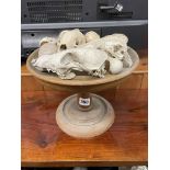 WOOD TURNED STAND WITH ANIMAL SKULLS OF BIRDS AND MAMMALS 19CM H