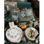 THREE CRATES - POOLE TUREENS, INDIAN TREE PLATES, GLASSWARE, VASES, SMALL LE CREUSET DISH,