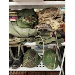 SELECTION OF ARMY CAMOUFLAGE FATIGUES, PONCHO, OVERCOATS, SCARF, SNOOD,