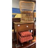 OAK NEEDLEWORK BOX, SMALL UPHOLSTERED STOOL,