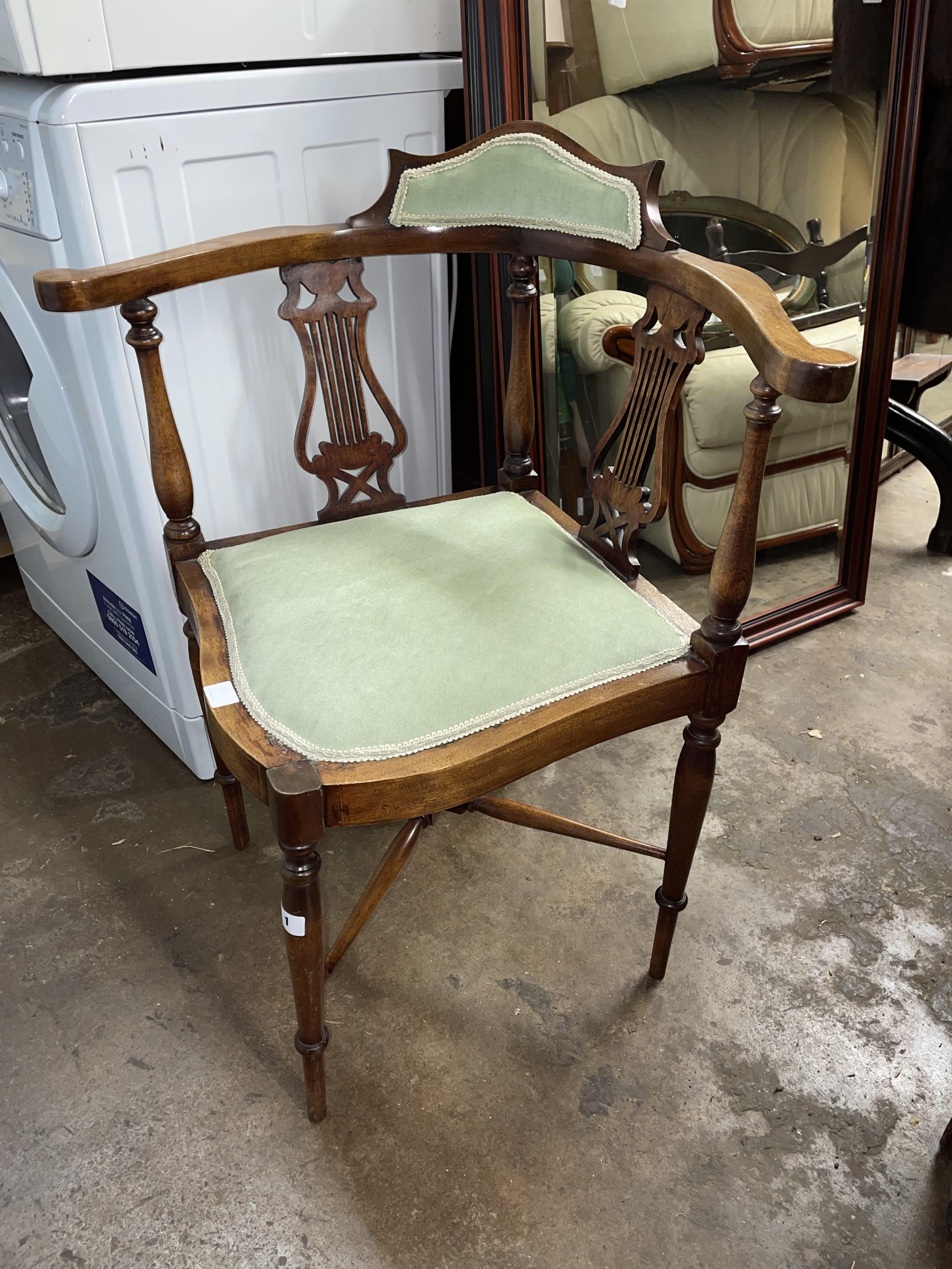 EDWARDIAN BEECH UPHOLSTERED LYRE BACKED CORNER ELBOW CHAIR - Image 6 of 6