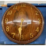 POLISHED ART DECO CIRCULAR WALNUT CONVEX WALL CLOCK WITH BRASS FACE AND DIALS 35CM D