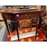 REPRODUCTION MAHOGANY CROSS BANDED BREAK FRONT SIDE TABLE FITTED WITH DRAWER ON TAPERED LEGS