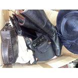 BOX - LADIES MILLINERY HANDBAGS AND PAIR OF GABOR SIZE 5 LEATHER BOOTS
