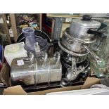 CARTON OF STAINLESS STEEL SAUCEPANS AND FRYING PANS, BRAUN FOOD PROCESSOR,