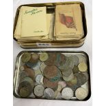 TIN OF KENSITAS SILK CIGARETTE CARD FLAGS AND SOME MISCELLANEOUS COINS