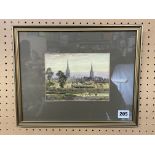 SIGNED WATERCOLOUR TITLED "POOL MEADOW, COVENTRY LOOKING SOUTH TO HOLY TRINITY" BY H.E.