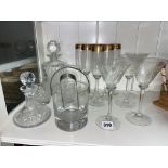 HALF A SHELF OF GLASSWARE, INCLUDING ITALIAN MADE GOLD RIMMED GREEK KEY CHAMPAGNE FLUTES,