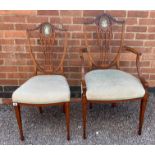 EDWARDIAN SATIN WOOD AND BOX LINE INLAID SHIELD BACK ELBOW CHAIR WITH INSET FAUX JASPER WARE CAMEO