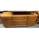 ERCOL LIGHT ELM MOBILE SIDE CABINET WITH THREE CENTRAL DRAWERS WIDTH 156CM, HEIGHT 69CM,